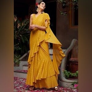 Yellow Foil Ruffled Pre-Stitched Saree (Without Blouse) Size Small